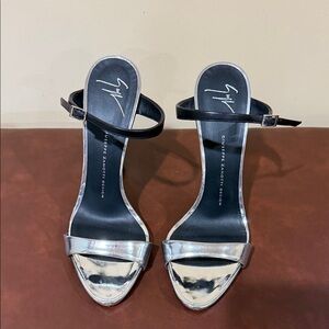 Giuseppe Zanotti Silver and Black Ankle-Strap Heels
